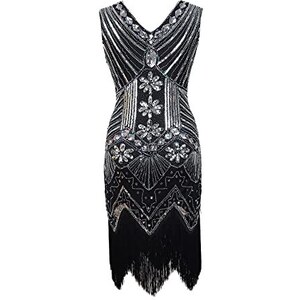 VERWIN Abito Donna Maxi Con Frange A Vita Alta, Scollo A V Con Nappe - Abito Da Ballo Elegante Per Feste