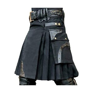 Kilt scozzese gotico punk scozzese di media lunghezza gonna scozzese festival kilt moda ecopelle pieghettato tradizionale Highland kilt scozzese kilt scozzese kilt da uomo irlandese tartan, Nero , XXL