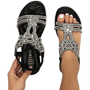 CARETOO – Sandali Donna Estivi Con Strass E Cinturino Elastico – Infradito Bohémien Comode, Aperte, Suola Gomma (Nero, 42)