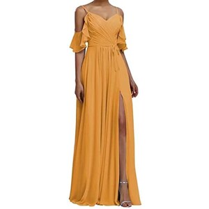 Abito Da Damigella D'Onore Lungo In Chiffon Con Scollo A V E Spacco – Linea A, Senza Maniche, Rosa Polvere, Taglia 46