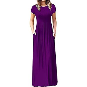 Abito Lungo Maxi Donna Casual – Girocollo, Manica Corta, Con Tasche – Blu Navy Taglia M - Foto 4