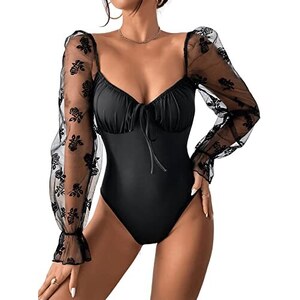 GORGLITTER Top In Pizzo Trasparente A Maniche Lunghe Donna – Scollo A V, Bordo Ad Arco, Vestibilità Stretta