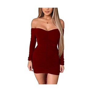 ORANDESIGNE Vestito Aderente da Donna Mini Abito Sexy Maniche Lunghe  Vestito Corto Abito da Cocktail Tinta Unita Abiti Tubino Elegante Vestito  Vino Rosso L 