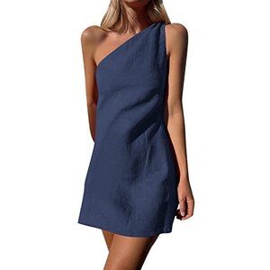 Abito estivo da donna senza maniche a volant girocollo Mini abito tinta unita Casual allentato Flowy pieghettato, Foglia di t, L