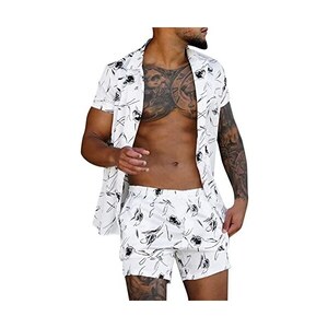 AOTORR Set tuta da uomo floreale manica corta t-shirt e pantaloncini tuta estate hawaiana corta, Blu, S