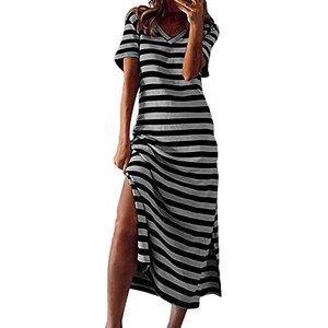 Aokosor Maglietta Donna Con Scollo A V E Manica A Righe - T-shirt Estiva Casuale In Cotone, Taglia 10-12 Azzurro - 2
