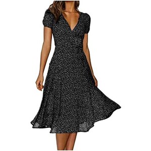 Abito Estivo Donna Con Scollo A V E Bottoni - Stile Boho Floreale - Midi Legero Con Volant, Maniche Corte - Per Spiaggia, Ufficio, Feste