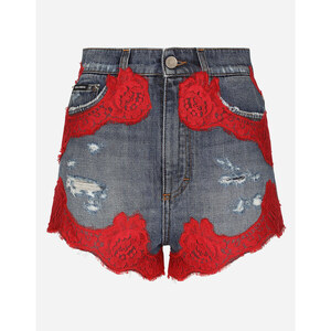 Shorts Jeans Femme DENNY ROSE Avec Détails En Dentelle - Denim Clair - 100% Coton - Neuf Avec étiquettes