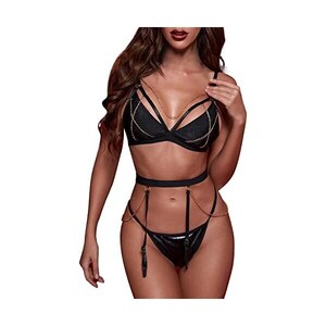 ADOME Set Lingerie Con Giarrettiera Per Donna - Reggiseno Push-Up In Pizzo E Perizoma, Vestibilità Regolabile, Nero - 4