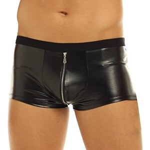YiZYiF Mutante da Uomo in Pelle Boxer Briefs Wetlook Erotico G-String con O-Ring a Vita Bassa Pantalocini Perizoma Trasparente Sexy Adulto Sissy Mutandine Underwear Nero F L
