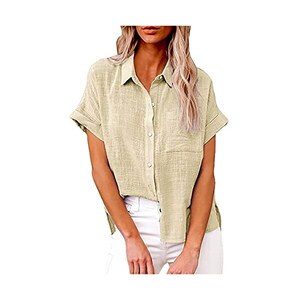 Camicia da donna a maniche corte in lino di cotone retrò Estate