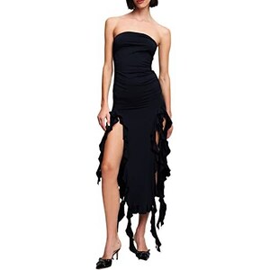 Abito Da Cocktail Donna Senza Spalline - Bianco, Orlo Con Volant, Spacco, Lunghezza Media - Foto 3