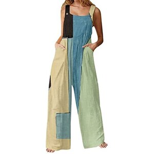 Salopette da donna a gamba larga, tuta con tasca in cotone e lino, pantaloni da lavoro, vestibilità larga, tuta estiva bohémien, senza maniche, con cinghie, pantaloni regolabili, Ag., S