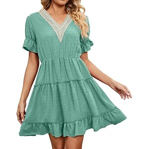 Abito Estivo Donna In Misto Lino – Scollo A V, Maniche Corte, Taglio Ampio Linea A Con Tasche, Blu Taglia L – Fresco, Comodo E Casual - 5