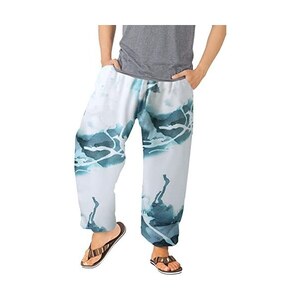 YAOBAOLE Pantaloni da uomo in lino, pantaloni lunghi da spiaggia, da uomo, con tasche, elastico