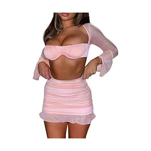 Abito Mini Trasparente In Mesh Donna – Maniche Lunghe, Scollo A V, Crop Top Clubwear
