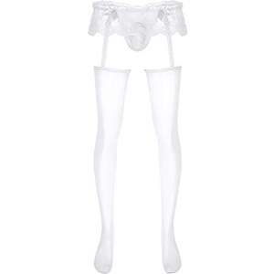 Collant Uomo Sissy In Pizzo Trasparente Con Reggicalze E Giarrettiere - Foto 6