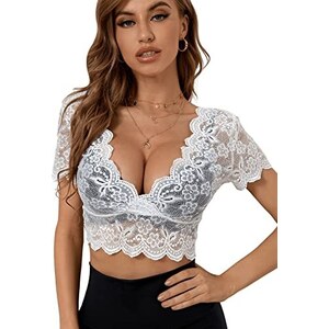 Top Sheer Donna Mesh Trasparente Pizzo Casual T Crop Shirt Manica Lunga Sottomesso Lingerie per le Donne, bianco, M