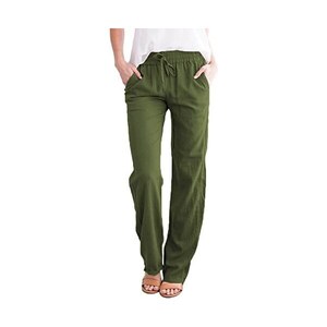 Pantaloni in lino, da donna, estivi, in mussola, in lino, tinta