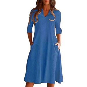 Abito Donna In Cotone E Lino - Scollo A V, Mezza Manica, Lunghezza Al Ginocchio, Casual Ed Elegante - Foto 14