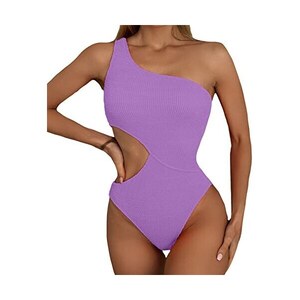 Costume Bikini 2 Pezzi Donna A Vita Alta Con Controllo Pancia - Top Monospalla A Costine, Rosa, Taglia M