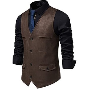 Quge Uomo Senza Maniche Pelle Pu Scollo A V Slim Fit Elegante Gilet Monopetto Marrone Scuro S 104670064