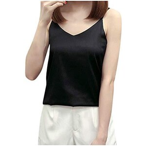 WNEEDU Canotta da Donna Scollo a V Top Senza Maniche Elegante Canotte Estive Casual da Donna Sexy Basic Tops T Shirt Nero S