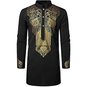 Abito Da Preghiera Musulmano Uomo - Caftano Thobe Arabo, Maniche Lunghe, Stampa Floreale Oro, Bianco/nero, Taglie M-XXL