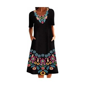 Abito Midi Floerns In Stile Boho: Maniche Corte, Scollo Rotondo, Vita Arricciata, Tessuto Floreale, Perfetto Per Vacanze E Spiaggia - 3