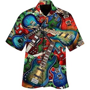 D555 FARNBOROUGH - Camicia Uomo A Maniche Corte Con Stampa Chitarra, Taglie Forti Fino A 6XL