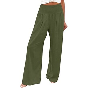 Pantaloni Donna In Lino - Vestibilità Ampia, Vita Elasticizzata, Gamba Larga, Con Tasche, Leggeri Estivi