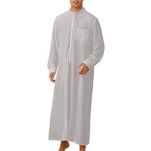 LVCBL Caftano Uomo In Cotone E Lino | Thobe Musulmano A Maniche Lunghe Con Tasche | Abito Lungo Casual M-3XL