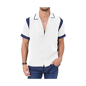 Camicia Estiva Uomo A Maniche Corte Con Bottoni E Scollo A V - Tessuto Leggero, Taglio Casual, Bianco/Nero, Taglia XL