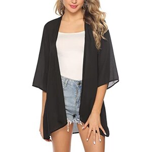Cardigan Kimono Trasparente Donna FindThy – Maniche Lunghe In Pizzo, Nero Taglia L – Coprispalle Estivo Con Tasche