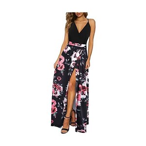 Floerns Abito Lungo Boho Floreale Plus Size - Manica Corta Scollo A V Nero Multicolore XX-Large