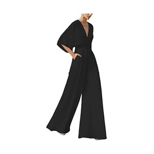 Tuta Lunga Donna Elegante Con Scollo A V - Jumpsuit Maniche Corte, Gamba Larga, Per Cerimonie E Eventi - Foto 7