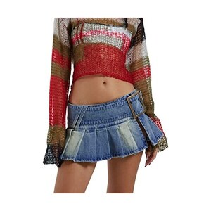 XBTCLXEBCO Gonna In Denim Vita Alta A-Line - Minigonna Svasata Con Volant E Tasche - 4