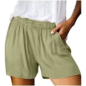 Pantaloncini estivi da donna, casual, 2024, con coulisse, elastico in vita alta, in lino, dritti, a gamba larga, pantaloni cropped, #01 Nero, S
