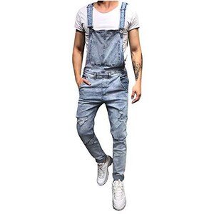 Salopette da Uomo con Jeans, Fanus Tuta di Jeans Strappati Moda Lavaggio Rotto Tasca Pantaloni Reggicalze Pantaloni Casual da Elasticizzato (Azzurro,S