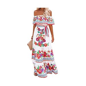 Avalon - Elegante abito floreale con spalle scoperte e cintura con fio
