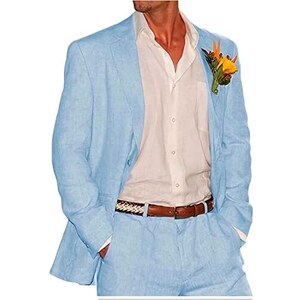 Completo Uomo In Lino Slim Fit 2 Pezzi – Blazer E Pantaloni Per Matrimonio In Spiaggia, Abito Estivo Con Bavero A Punta - 2