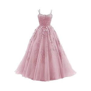 Abito Da Ballo In Tulle Con Pizzo - Scollo A V E Spalline Sottili - Lunghezza A Terra - Personalizzabile - Per Cerimonie E Festa - 2