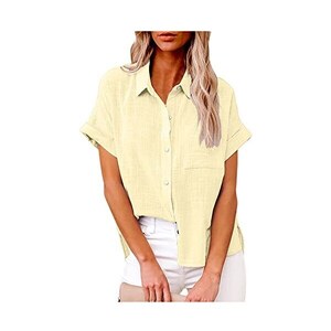 Feziakuk Camicia da donna in lino, con bottoni, in cotone, a maniche lunghe, con tasca sul petto, bianco, S