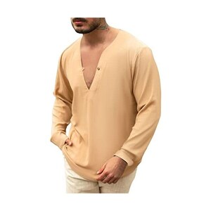 Camicia Casual Da Uomo In Cotone E Lino Con Scollo A V E Maniche Lunghe