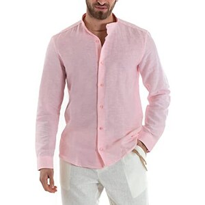 Camicia Uomo Lino Puro Bianco - Taglia Slim Stile Coreano Casual