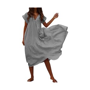 Abito Estivo Donna Smanicato Lunghezza Ginocchio, Morbido In Rayon E Spandex, Casual Elegante Con Scollo A U E Volant, Stampa Floreale - 2