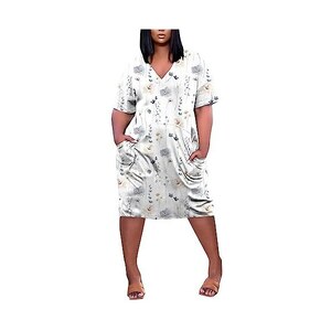 Abito Donna A Linea A Con Fiori – Morbido Jersey, Scollo A V, Maniche Corte, Lunghezza Al Ginocchio, Nero Taglia XL