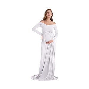 Fiacafyo - Abito da donna, a maniche lunghe, spalle scoperte, premaman, maxi, in pizzo con ruches, in tulle, per servizio fotografico in gravidanza, S