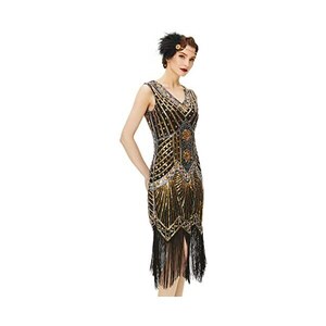 Gatsby anni '20, vestito da donna anni '20, rosso e argento, con frange, da ballo, abito corto Charleston con paillettes, argento, S
