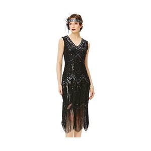 BABEYOND Vestito Anni '20 Donna Con Paillettes E Frange - Abito Da Flapper In Stile Gatsby, Scollo A V, Lunghezza Midi, Per Feste A Tema E Halloween
